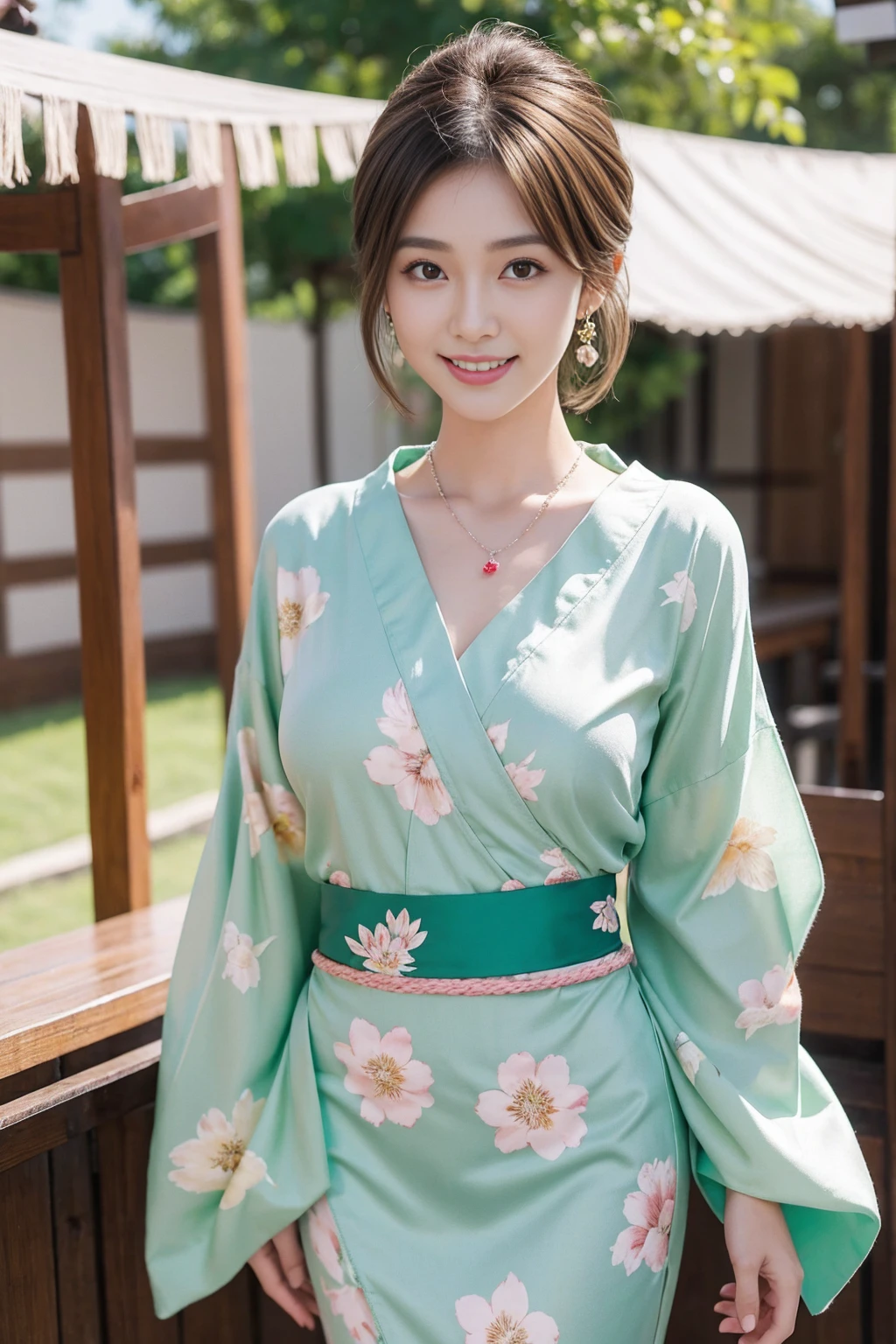 Highest quality,8K, Detailed facial depiction, Detailed description of the eyes,One Woman, Light brown hair(Short Hair),Beautiful Japanese Girl,24-years-old,Cute eyes,Cute Smile,Yukata beauty,Yukata with green floral pattern,Slender body, Large, plump breast size, Long and beautiful legs,Smiling, Colorful earrings,necklace,Are standing,Beautiful nape,Summer festival