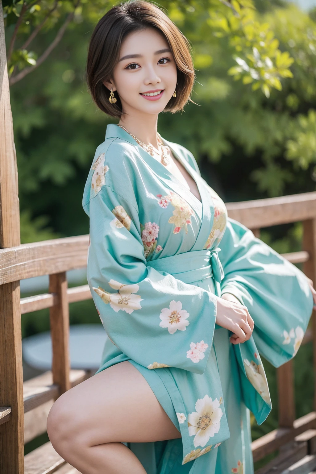 Highest quality,8K, Detailed facial depiction, Detailed description of the eyes,One Woman, Light brown hair(Short Hair),Beautiful Japanese Girl,24-years-old,Cute eyes,Cute Smile,Yukata beauty,Yukata with green floral pattern,Slender body, Large, plump breast size, Long and beautiful legs,Smiling, Colorful earrings,necklace,Are standing,Beautiful nape,Summer festival