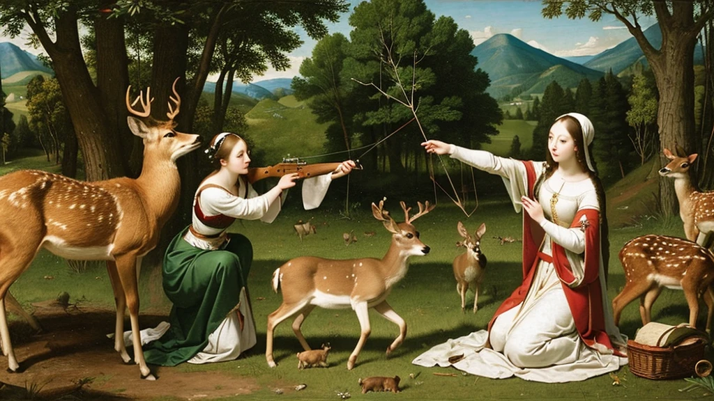 The goddess is aiming at a deer with a bow、Renaissance religious painting