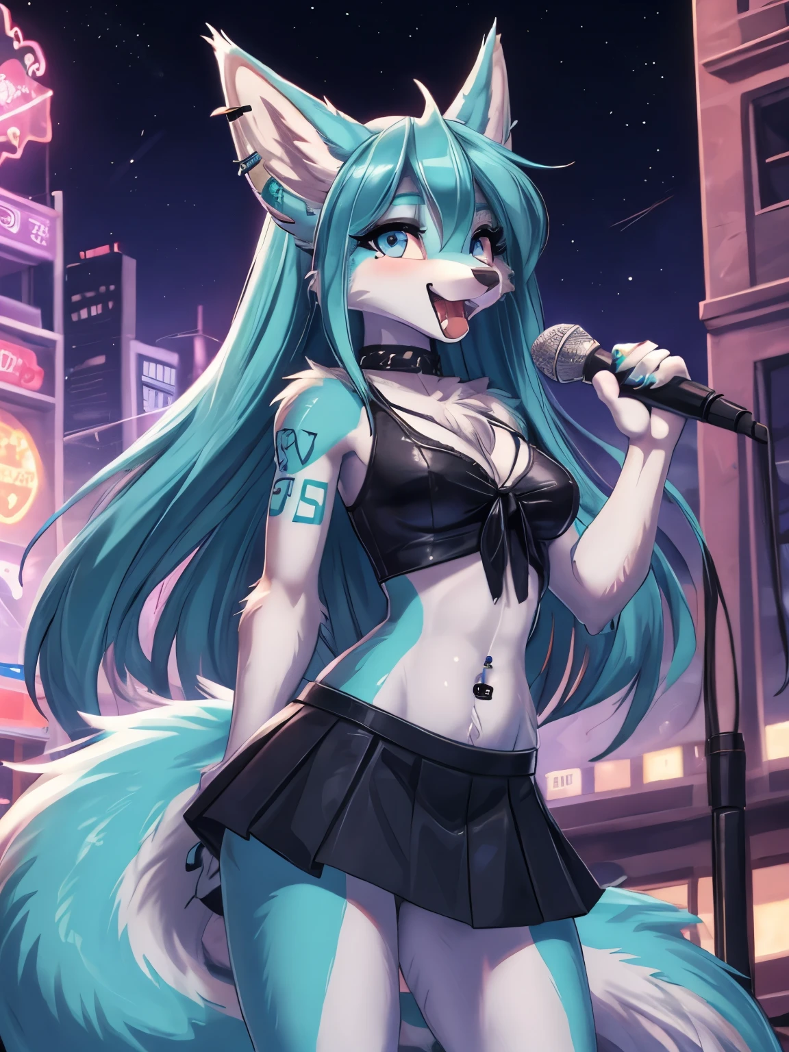 Chica anime,tennage girl 18 years old, anime style, cute hatsune miku x suicune, Chica tímida , Orejas de Kitsune, arte de dark natasha, city landscape, arte de vixen aztra, cuerpo completo, platas hermosas, cintura delgado, caderas amplias, piernas torneadas, hermosa, foto de cuerpo completo, navel blouse, black skirt, navel piercing, ear piercing, navel tattoo, timid pose, back pose, doggy style back pose, fluffly tail, sensual eyes, long hair, droling tonge, wolf fangs, very big open fangs, pleasure face, white fangs, big open mounth, city party, city night life, party girl, idol girl, girl with microphone singing, singing in stage, fans club.