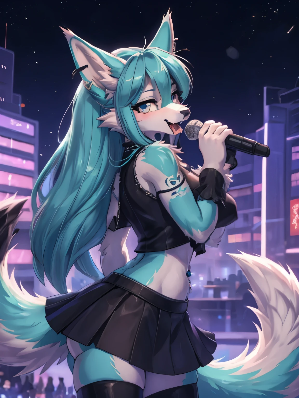 Chica anime,tennage girl 18 years old, anime style, cute hatsune miku x suicune, Chica tímida , Orejas de Kitsune, arte de dark natasha, city landscape, arte de vixen aztra, cuerpo completo, platas hermosas, cintura delgado, caderas amplias, piernas torneadas, hermosa, foto de cuerpo completo, navel blouse, black skirt, navel piercing, ear piercing, navel tattoo, timid pose, back pose, doggy style back pose, fluffly tail, sensual eyes, long hair, droling tonge, wolf fangs, very big open fangs, pleasure face, white fangs, big open mounth, city party, city night life, party girl, idol girl, girl with microphone singing, singing in stage, fans club.