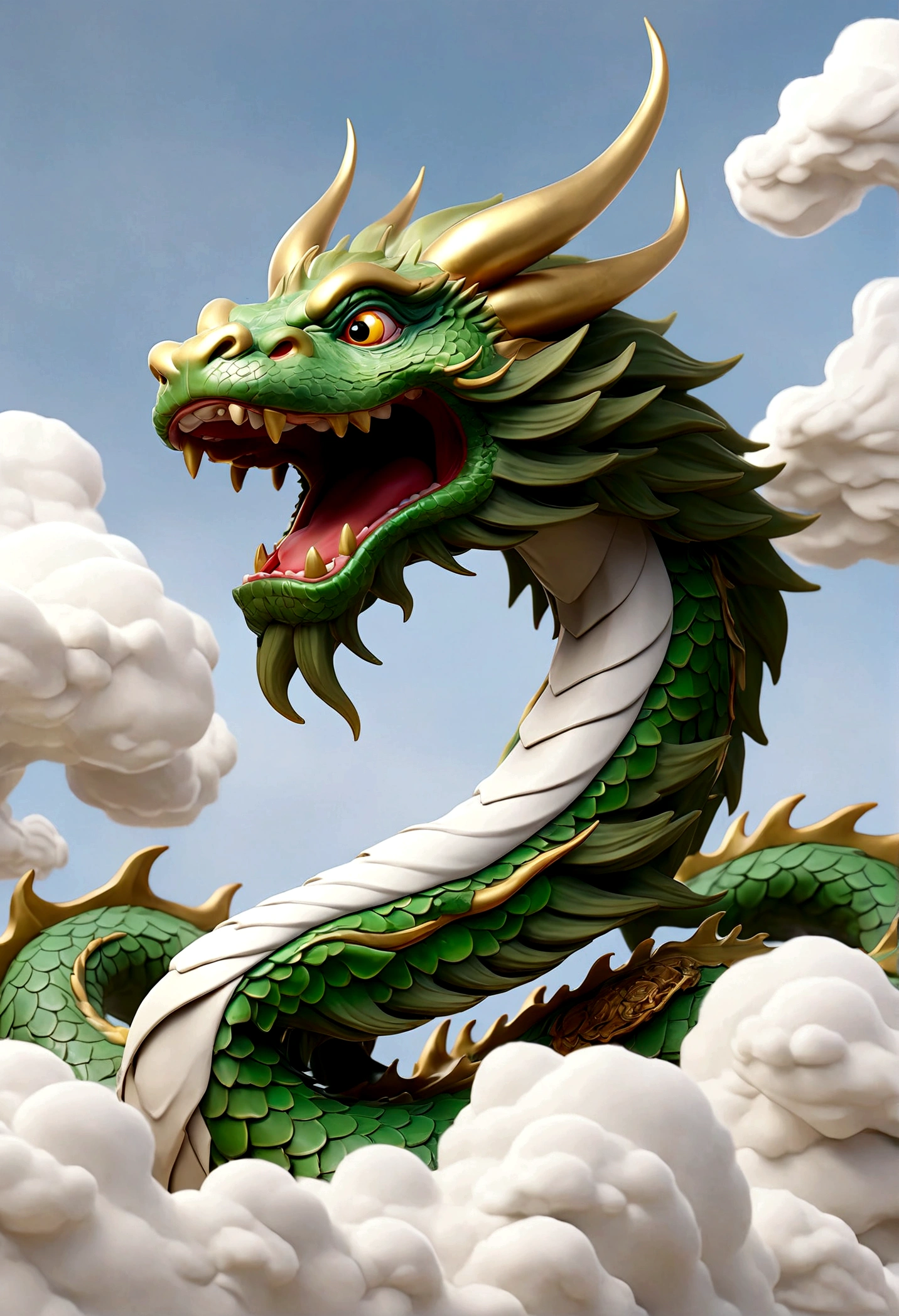 flag、masterpiece、(White background:1)、A green Japanese dragon surrounded by white clouds、god々々Halo、Wind、god々、Long undulating body、overbite、Upper body、Fantastic、god話、high quality、Very detailed、masterpiece、amazing、Particle Effects、Dynamic Effects