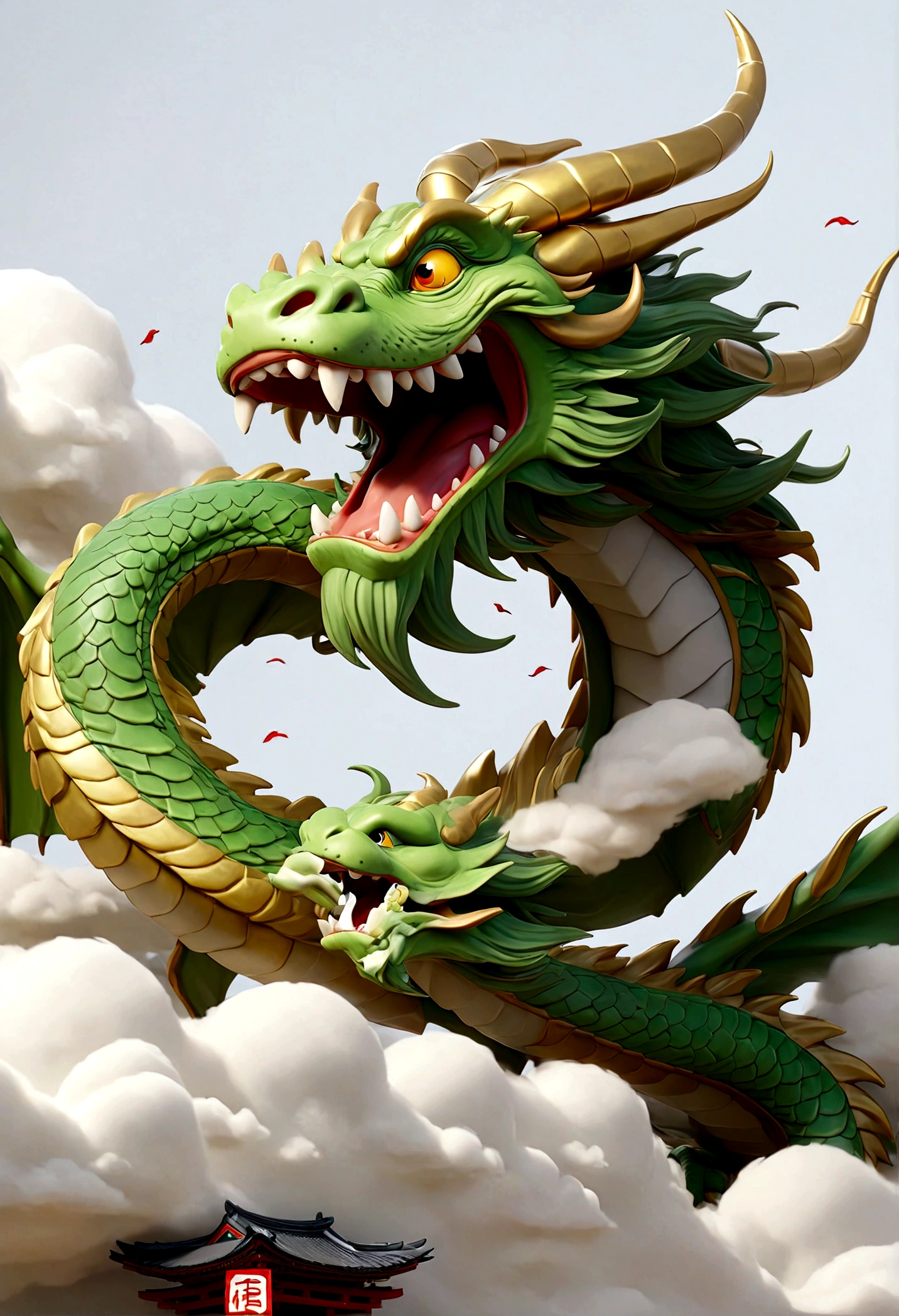 flag、masterpiece、(White background:1)、A green Japanese dragon surrounded by white clouds、god々々Halo、Wind、god々、Long undulating body、overbite、Upper body、Fantastic、god話、high quality、Very detailed、masterpiece、amazing、Particle Effects、Dynamic Effects
