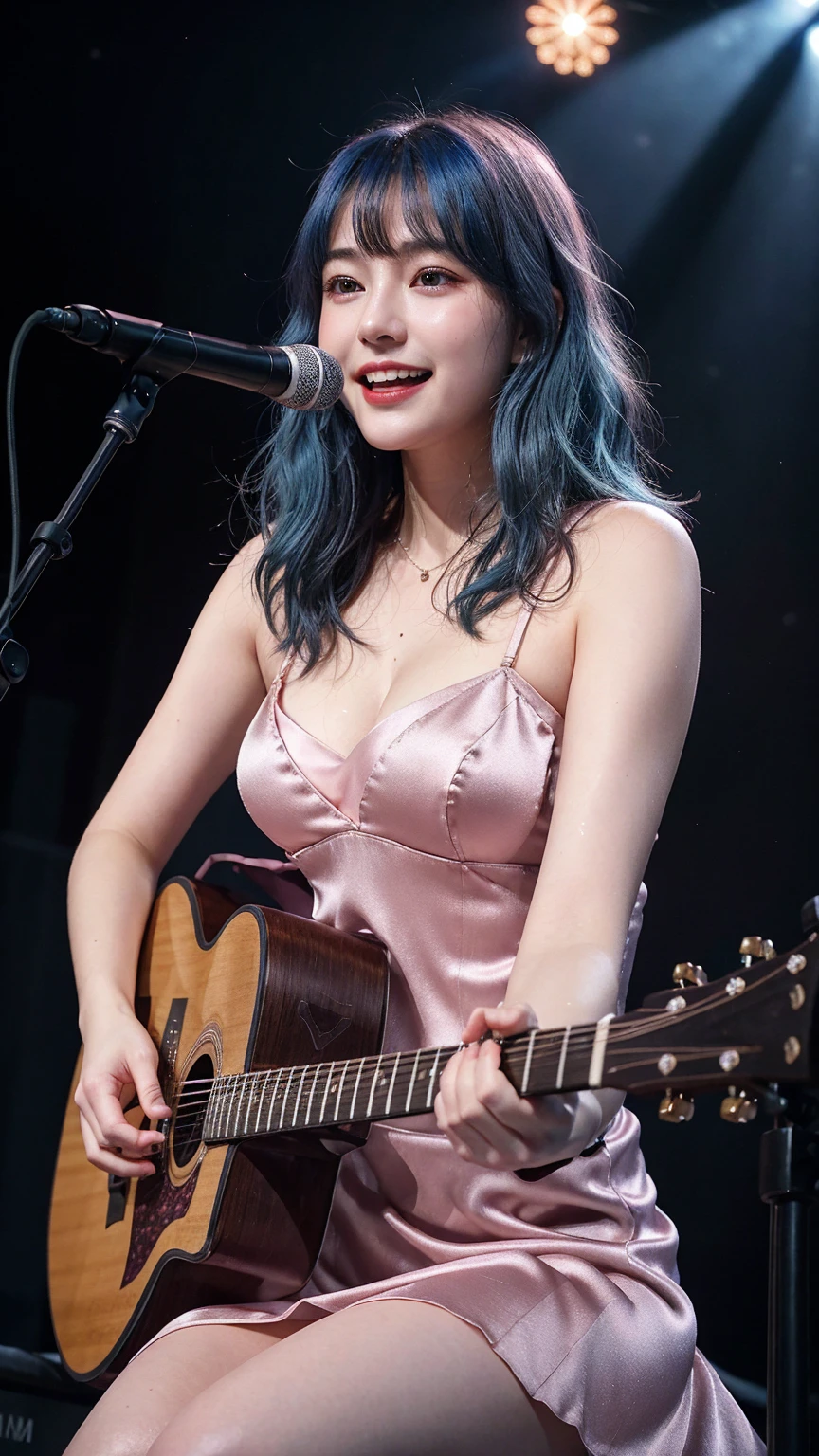 ((best quality)), photorealistic, photorealism, Photorealistic, high resolution, ((Wearing pink satin dress))、smile、A superb beauty、Super cute、ennui、Rare beauty、Very Short hair、Black Dark Eyeshadow、Sad、white skin、pale skin, Very short hair layered、Dark Gothic Makeup、Cute Smile、Fragrant beauty、Stained glass background、Mastepiece、Best Quality、Refers to 5 books、Sweat glistening on my chest、Sweat glistening on my face、Medium breasts、Blue hair、Age 20 years old、Mysterious look、A sad expression、Blue Hair、Glamorous concert stage、enchanting castle、Sweating profusely all over the body、A lot of sweat and light on the thighs、Shiny thighs、Plenty of sweat glistening on the thighs、A large amount of sweat glistens on my thighs、Sweating profusely、Gal、Medium breasts、Beautiful face、Alluring expression、Sitting、Sitting playing guitar、Thick thighs、Playing guitar、I have a guitar、Sing a song enthusiastically、Playing guitar in a band、Rock band、Playing guitar chords、Live House Background、Sing a song、Open your mouth、Live house scenery、Mic stand、Glamorous live stage、Dynamic Angle、Cinematic lighting