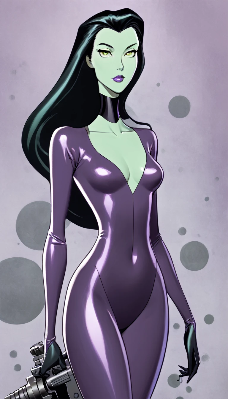 cartoon thin woman, long neck, long black hair, pale green skin, wearing a v-neck purple sci-fi body suit .. she is armed with an arm cannon, on her suit has small grey jet nozzles at the sides of her hips.