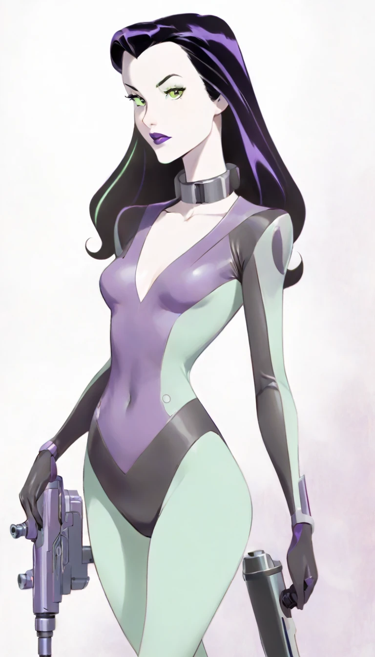 cartoon thin woman, long neck, long black hair, pale green skin, wearing a v-neck collar purple sci-fi body suit .. she is armed with an arm cannon, on her suit by her waist are some small gray circles
