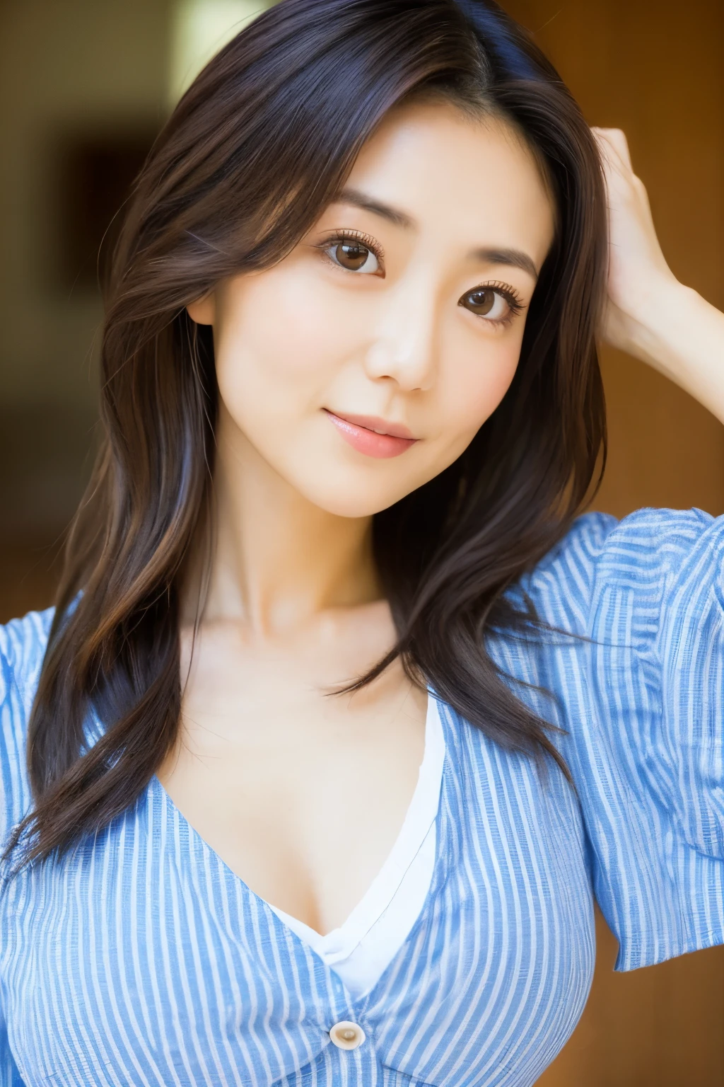 high quality, High resolution, 8K, masterpiece, Skinny Japanese woman, 30 years old, Cute face, Beautiful Face, Detailed face, Beautiful Eyes, Fine grain, Large Breasts, Very small waist