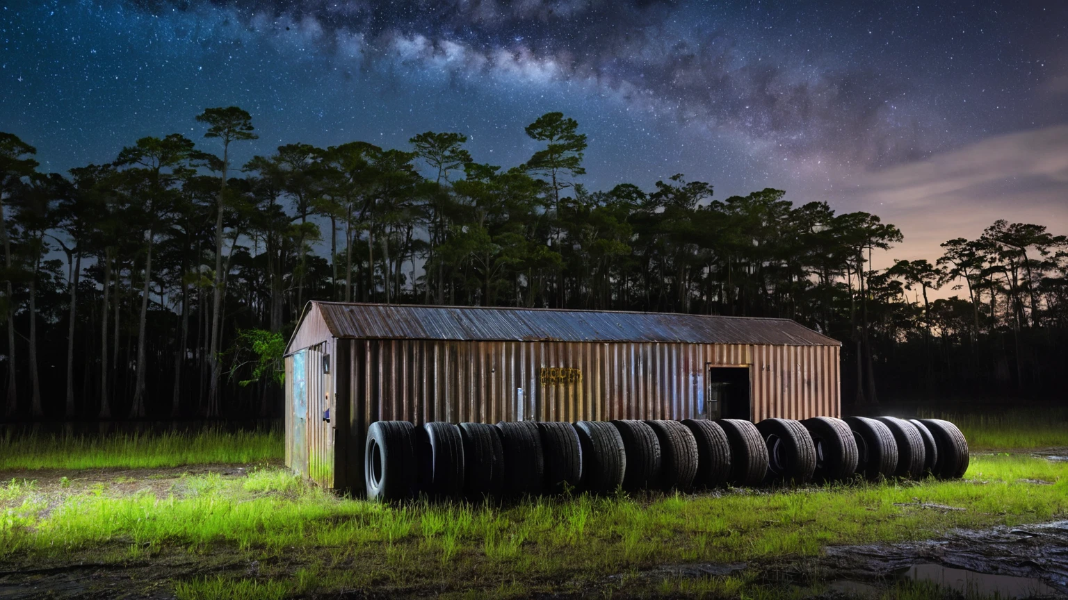 exterior façade of a old rusty metal warehouse near a murky Louisiana swamp surrounded with bald cypress trees, old stacked tires, dumpster beside, nema head bucket light, midnight night sky, midnight