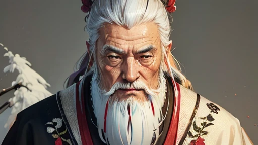 solo、Oriental、Intelligent old man、An elderly man in plain white ancient Chinese costume、Ancient Chinese hairstyle old man、Highest quality、masterpiece、Ultra-high resolution、(Realistic:1.4)、Game Poster、Crisp and beautiful image quality、White Hair、white and long beard,、Embroidered cloth wrapped around a topknot、