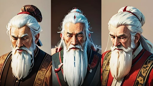 solo、Oriental、Intelligent old man、An elderly man in plain white ancient Chinese costume、Ancient Chinese hairstyle old man、Highest quality、masterpiece、Ultra-high resolution、(Realistic:1.4)、Game Poster、Crisp and beautiful image quality、White Hair、white and long beard,、Embroidered cloth wrapped around a topknot、