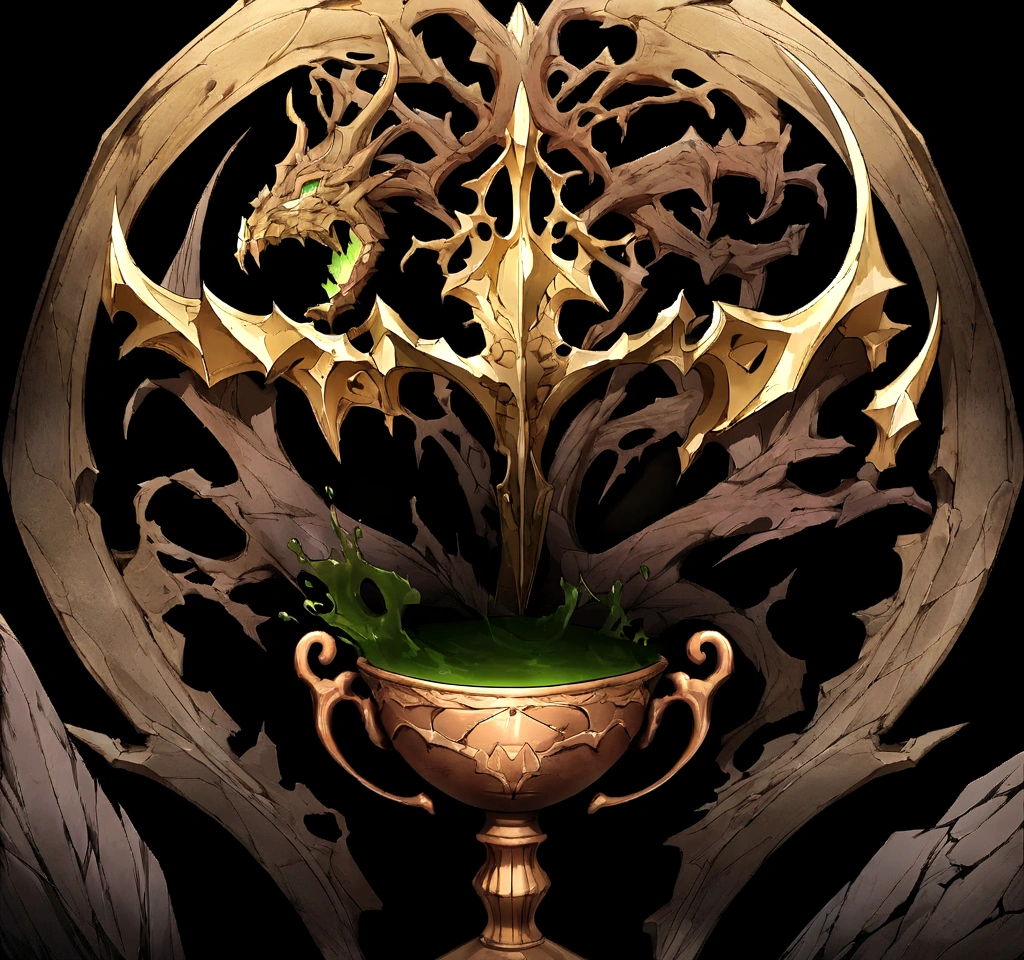 fantasy medieval cup old and cracked rusted gold, no background no character , no splash, chalice (extreme detail) add dragon parts to the cup, black parts, image in the center of the page no parts cut off, detail, spikes black , anime dark poison liquid