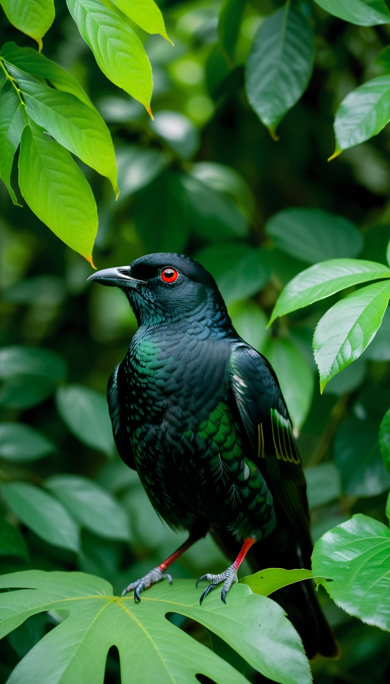 a black bird perched on a leaf, in the style of luminous portraits, light green and red, war photography, mysterious jungle, frontal perspective, pigeoncore, white and green --ar ??:51 --v 6.0