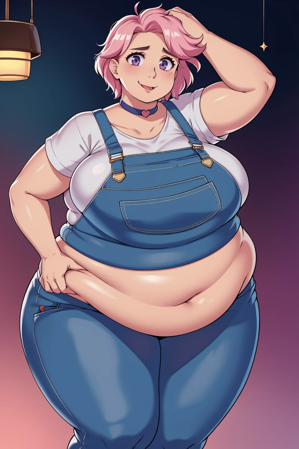 Nipples, exposed nipples, breasts(Massive sagging boobs:1.1)(Looking at viewer:1.2), (black pupils)Mouth open, parted lip s, mouth wide open, sticking out tongue, exposed belly, slutt (Pale skin:1.0)Up close, Holding belly, hands on belly, outgro wn clothes,Pale skin,fat, farm backround, upper body, lookin g at viewer, 1girl, solo, short pink hair, (dark blue choker), (d ark blue denim overalls), (purple eyes), (pink boots), (white s houlder lantern sleeve blouse, tucked in pants, Round face, d ouble chin, fat chin, fat cheeks, fat neck, round face, SSBB W, flabby arms, round face, double chin, fat double chin, big double chin, fat neck, chubby cheeks, fat thighs, fat calves, morbidly obese, flabby, giant, large belly, obese, fat face, b elly, double chin, obesity, flabby breasts, fat arms and legs, f at everything,