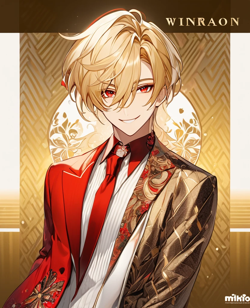  (Blonde_hair), (red_vibrant_eyes), (detailed_eyes), (warm_smile), (attractive), (background_lounge), (male), (detailed_Hair), (detailed), wears a 19's type of fashion clothes,