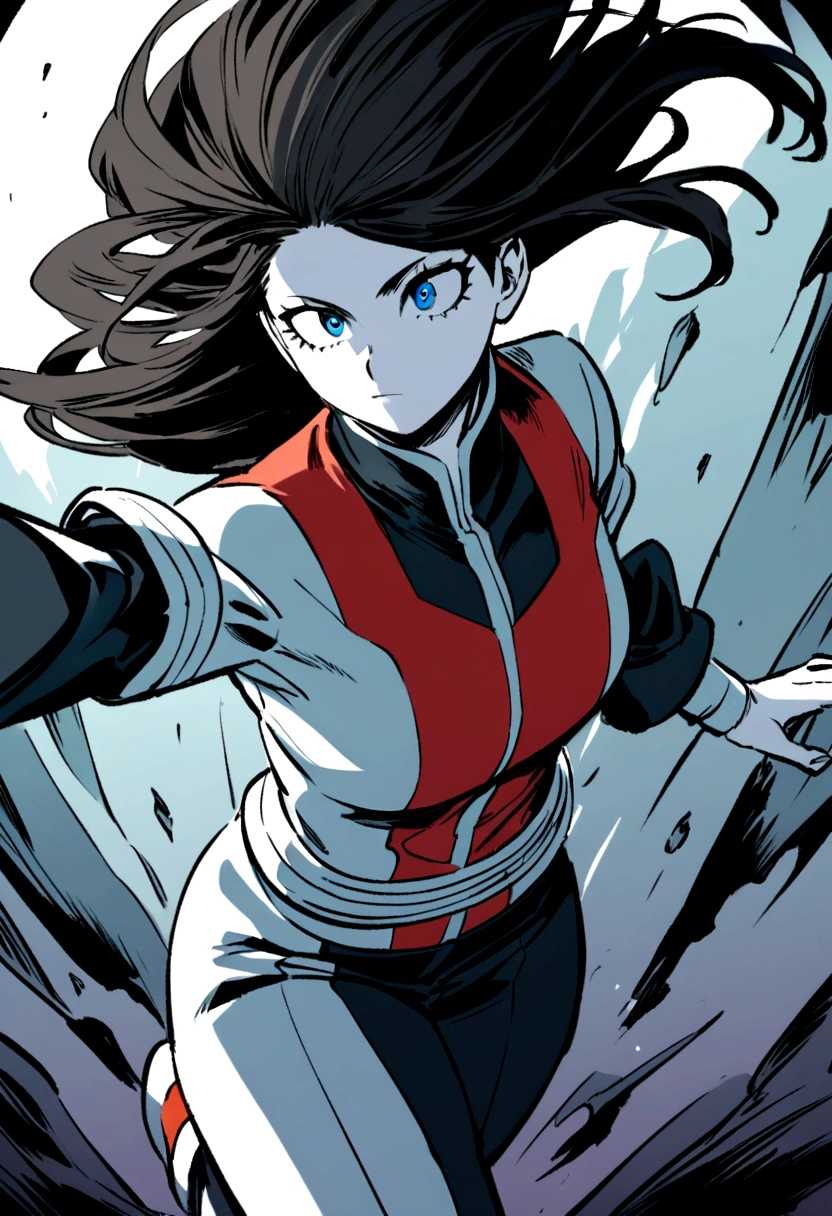 My hero academia illustration.
Long straight hair female gender with 3 colors: red black and blue. He has one white eye and one blue eye. White skin. He wears a My Hero Academia uniform.