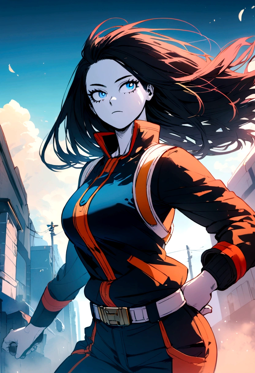 My hero academia illustration.
Long straight hair female gender with 3 colors: red black and blue. He has one white eye and one blue eye. White skin. He wears a My Hero Academia uniform.