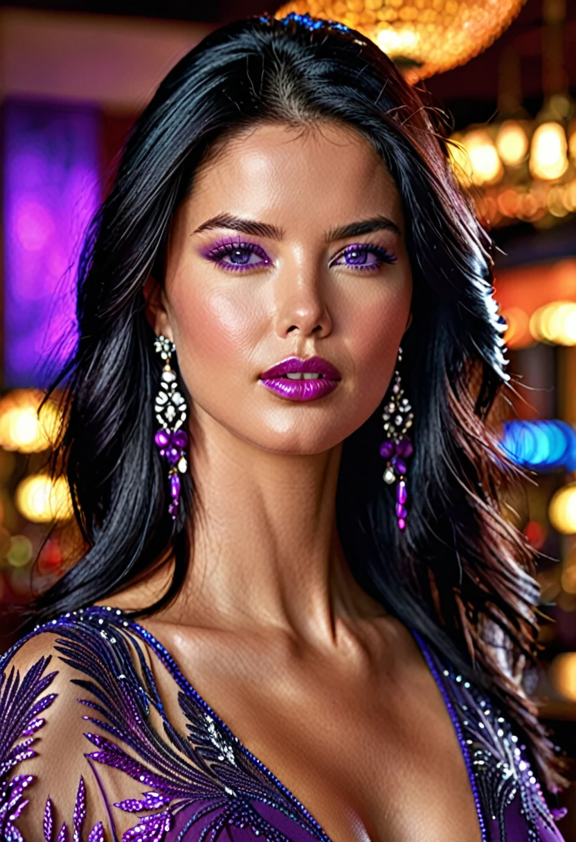 1 woman, Beautiful gorgeous lady with black hair, beautiful dark violet purple eyes) portrait, vibrant colors, high resolution, fine details, soft lighting, dramatic atmosphere, style, confident pose, restaurant background, Adriana Lima vibe with aegyosal look, long eyelashes black, with earrings, necklace,  Soft ethereal look, show colarbone, 