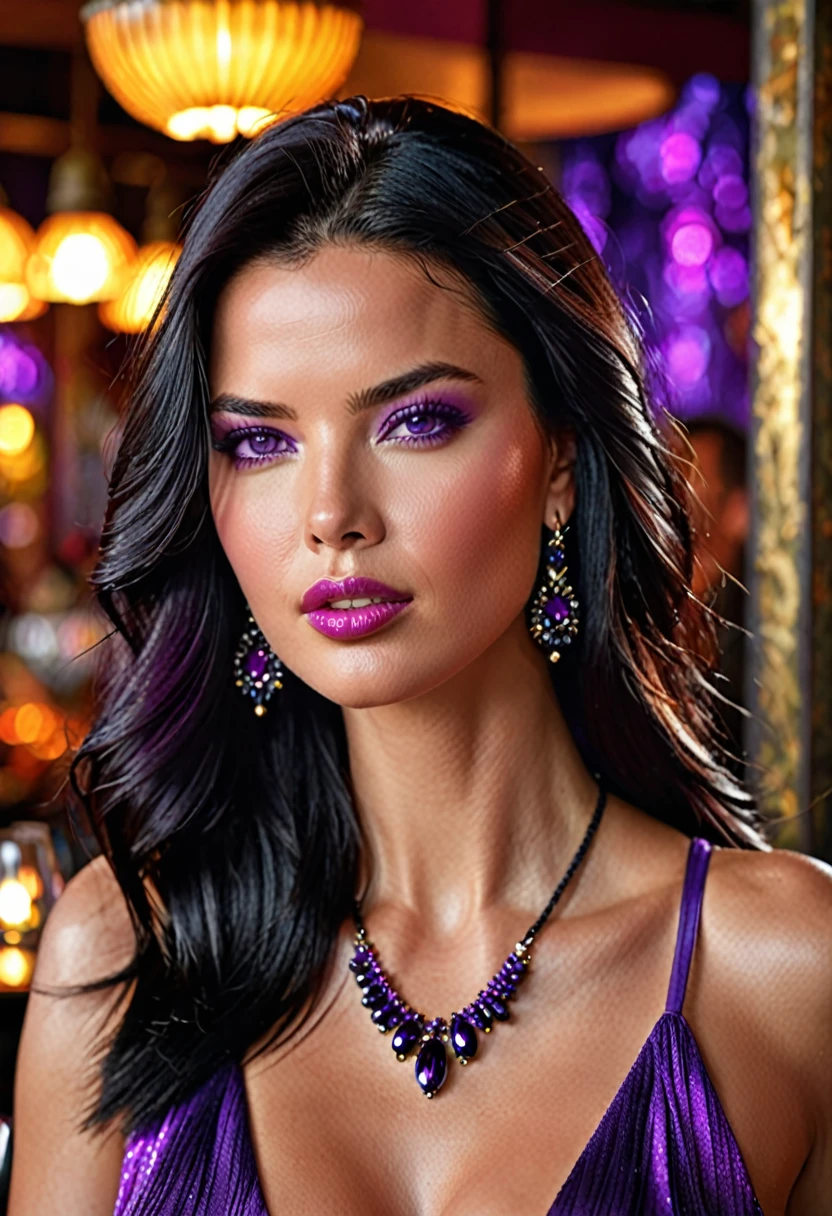 1 woman, Beautiful gorgeous lady with black hair, beautiful dark violet purple eyes) portrait, vibrant colors, high resolution, fine details, soft lighting, dramatic atmosphere, style, confident pose, restaurant background, Adriana Lima vibe with aegyosal look, long eyelashes black, with earrings, necklace, Soft ethereal look, show colarbone,