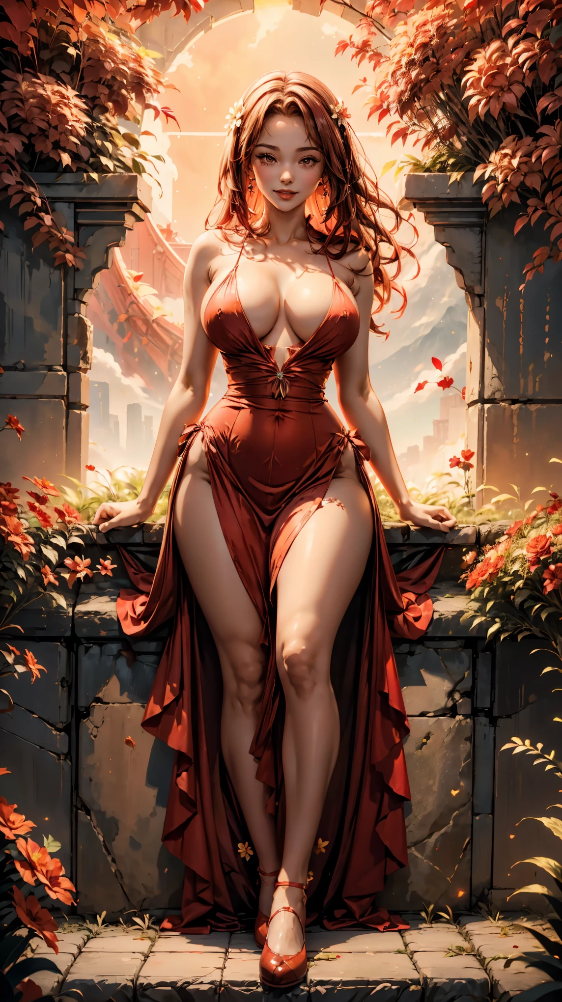 a woman in a red dress posing for a picture, smiley face, smile on face, huge breasts, beautiful flowers, red body suit, wearing a red sundress, giant stunning goddess shot, red dress, enormous, sexy red dress, opened dress, large full lips, low cut dress, rich red,