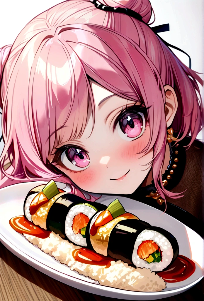 (((Luxurious golden most expensive sushi with rice and sauce))), Fried rice with shrimp, wine, photograph, high quality、((masterpiece))、(((最high quality)))、((Super detailed))、 {Detailed and beautiful eyes}, finely,  Detailed and beautiful eyes,1 Girl, (alone:1.5),  (Hair Ribbon:0.4), Pink Eyes,Cinematic Angles,perspective,(((White bun hair))),(((Long pink hair))),smile、