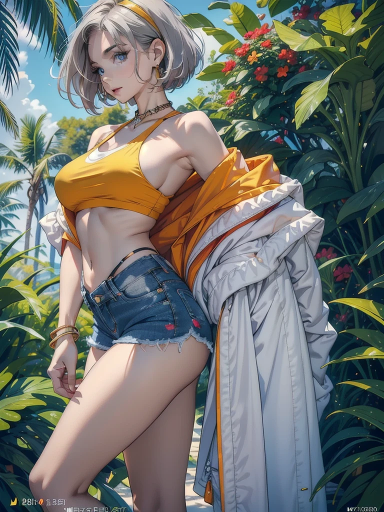 ((masterpiece)), ((best quality)), (ultra-detailed), ((extremely detailed)), 4K, (8K), best quality, a beautiful woman, ((beautiful light gray hair)), shiny hair, ((bob cut)), light blue eyes, freckled skin, flushed cheeks, 20 years old,
(masterpiece:1,2, best quality), (magazine cover), (colorful Magazine cover abundant with text), vibrant, eye-catching paintings, Comic cover style, glamorous, enticing, stylish, chic, high-fashion, captivating, elegant, trendy, fashionable, radiant, attention-grabbing, dazzling, sophisticated, stunning, dramatic, bold, Featured is Astrid Lim, ((Her physique boasts a slim, athletic frame, with an hourglass figure, waist, elongated, toned legs, ample, peachy derrière, and well-sculpted muscles)), (((Her C-cup size breasts and flat abdomen further accentuate her active lifestyle))), ((Her skin tone is a radiant mix of natural fairness and American sun-kiss)), highlighting her natural beauty, (((She wears a Guess neon-colored bikini top that adds a pop of color and showcases her toned upper body, paired with high-waisted Levi's denim shorts))), perfect for a casual beach day yet trendy enough for a pool party, Her Steve Madden platform sandals add height and are easy to slip on and off at the beach, She carries a JanSport classic backpack, perfect for a day at the beach, emphasizing her natural beauty, adding to her beach-ready look, She wears a simple bracelet and ring from Pandora, and a gold belly chain from Forever 21 to highlight her flat abdomen and add a sexy touch to her look, reinforcing her outgoing personality, The occasion is a Summer Break wild in Miami, (exceptionally detailed:1.3), , super fine, (((solo, 1girl))), ((from the side))