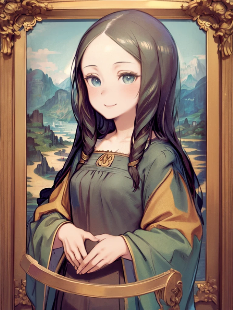 One Mature Woman、Mona Lisa、Mona Lisa、Smiling、Black Costume、Watching the audience、Join hands、