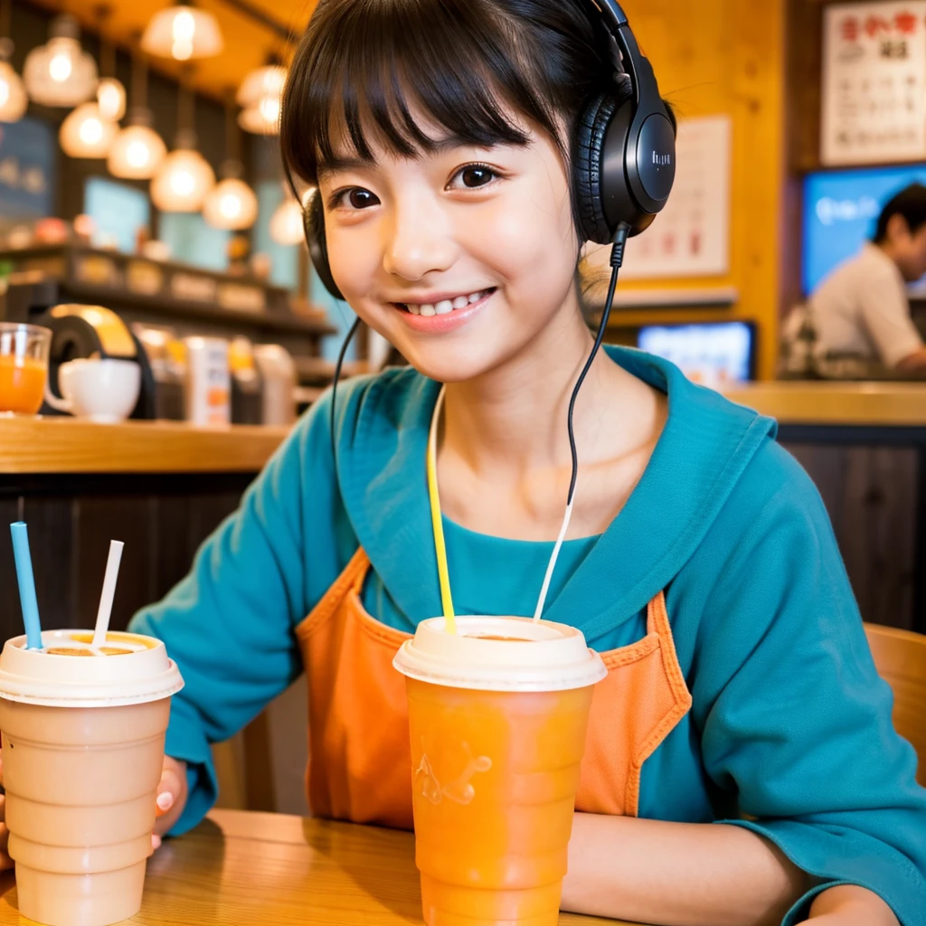 Looking straight ahead and smiling, Ultra HD、128k、Masterpiece、Cute little kindergarten girl studying in a coffee shop while listening to music on headphones、orange juice, clavicle, RAW Photo、Big-eyed girl in ocean blue clothes、Hands on headphones, Warm lighting、Beautiful night view、Japanese anime style, Smile