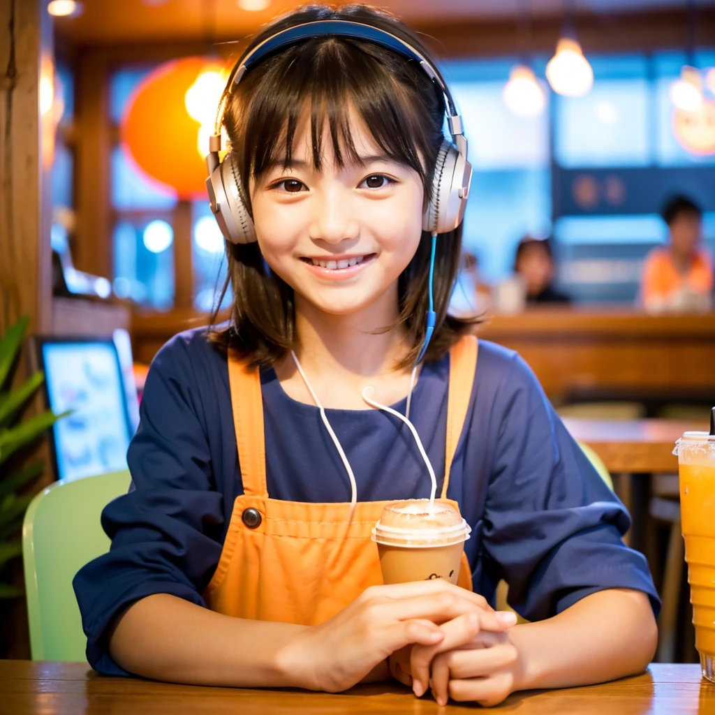 Looking straight ahead and smiling, Ultra HD、128k、Masterpiece、Cute little kindergarten girl studying in a coffee shop while listening to music on headphones、orange juice, clavicle, RAW Photo、Big-eyed girl in ocean blue clothes、Hands on headphones, Warm lighting、Beautiful night view、Japanese anime style, Smile