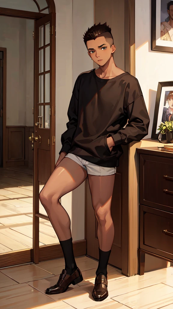 (masterpiece), best quality, expressive eyes, perfect face, (((1guy))), full body, (((brown skin))), brown hair, student uniform, buzz cut mohawk, adult,