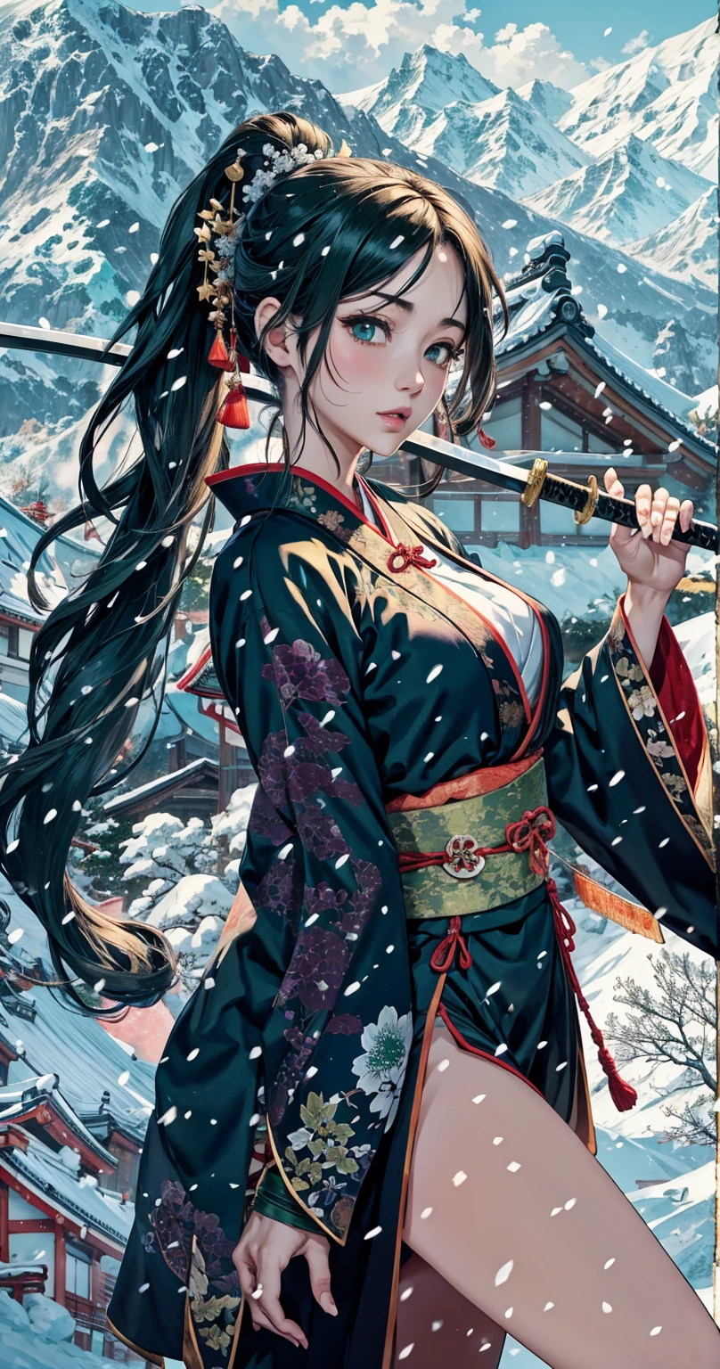 Snow Mountain、Japanese house、Carrying a Japanese sword in his left hand、Dark green kimono、Thighs exposed、It's snowing、A world of silver、