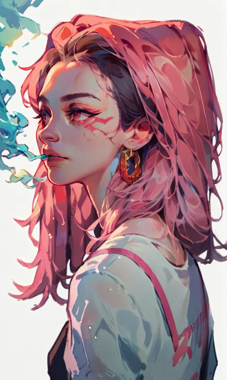 score_9, score_8_up, score_7_up, score_6_up, score_5_up, score_4_up, did vaporwave style, solo, 1girl, female, water, white background, red eyes, simple background, from side, glitching, smoke, in tatters,