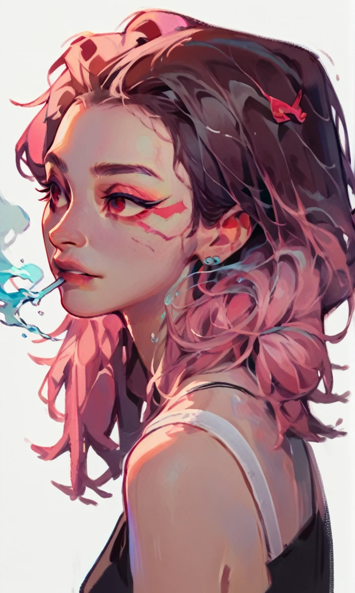 did vaporwave style, solo, 1girl, female, water, white background, red eyes, simple background, from side, glitching, smoke surrounding her, in tatters, score_9, score_8_up, score_7_up, score_6_up, score_5_up, score_4_up
