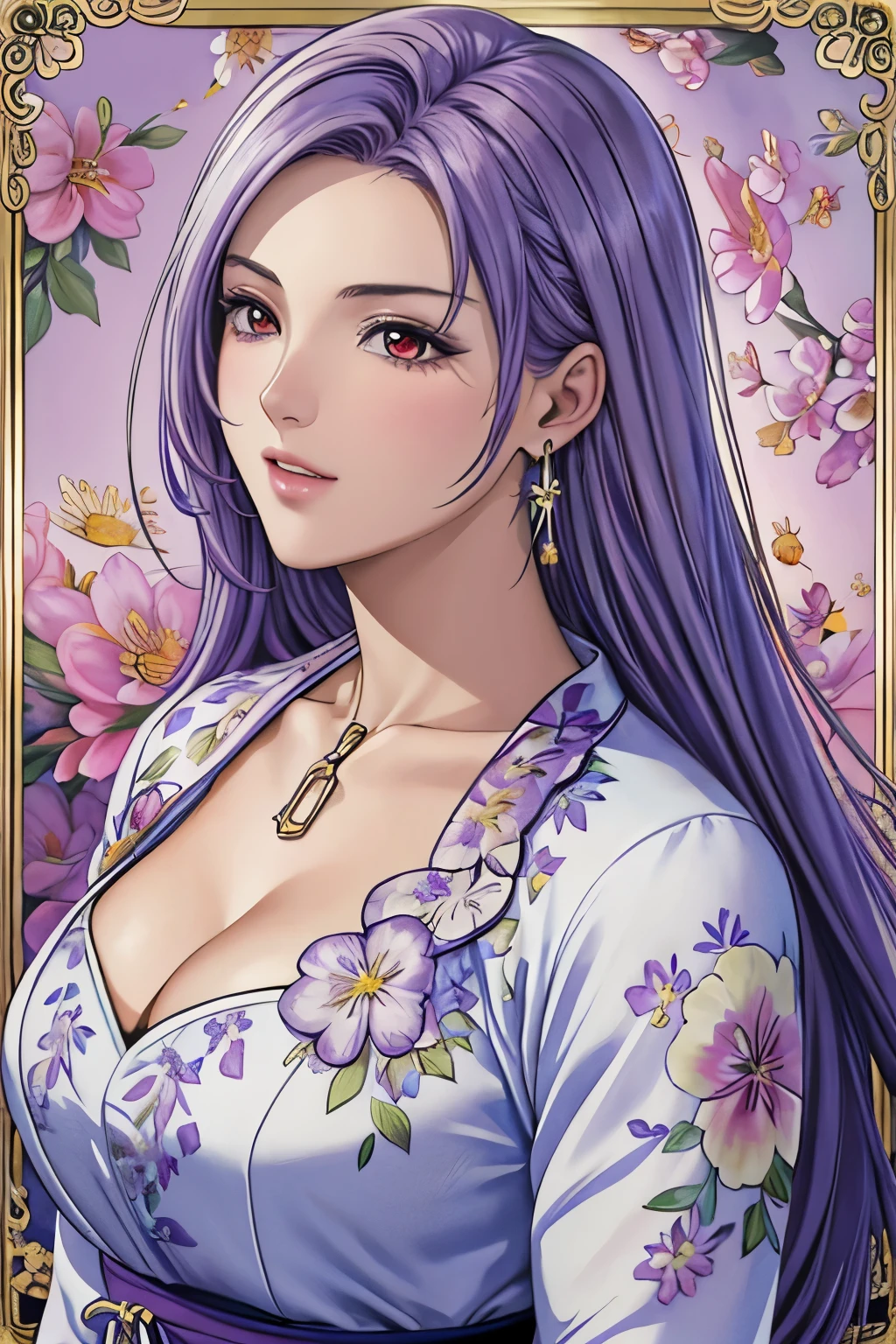 (​masterpiece, top-quality, top-quality, Official art, Beautifully Aesthetic:1.2), red eyes, (highest quality, masterpiece painting:1.3), immature woman, 16 years old, (half body shot), masterpiece, ultra high resolution, (((Flower frame, A lot of flowers in the frame, round frame, A beautiful girl fits into the frame))), Decorative panel, abstract art, (shot from a side angle), (Photoreal:1.0), ((light purple hair)),straight hair, beautiful shining hair, white and shining skin, Painterly, sketch, Texture, 超A high resolution, solo, Beautuful Women, A highly detailed, (Fractal Art:1.1), (colourfull:1.1), (florals:1.6), The most detailed, (Zentangle:1.2), (Dynamic Poses), (Abstract background:1.3), (shinny skin), (Many colors:0.8), (earrings:1.4), (pluma:0.9), Taisho romance