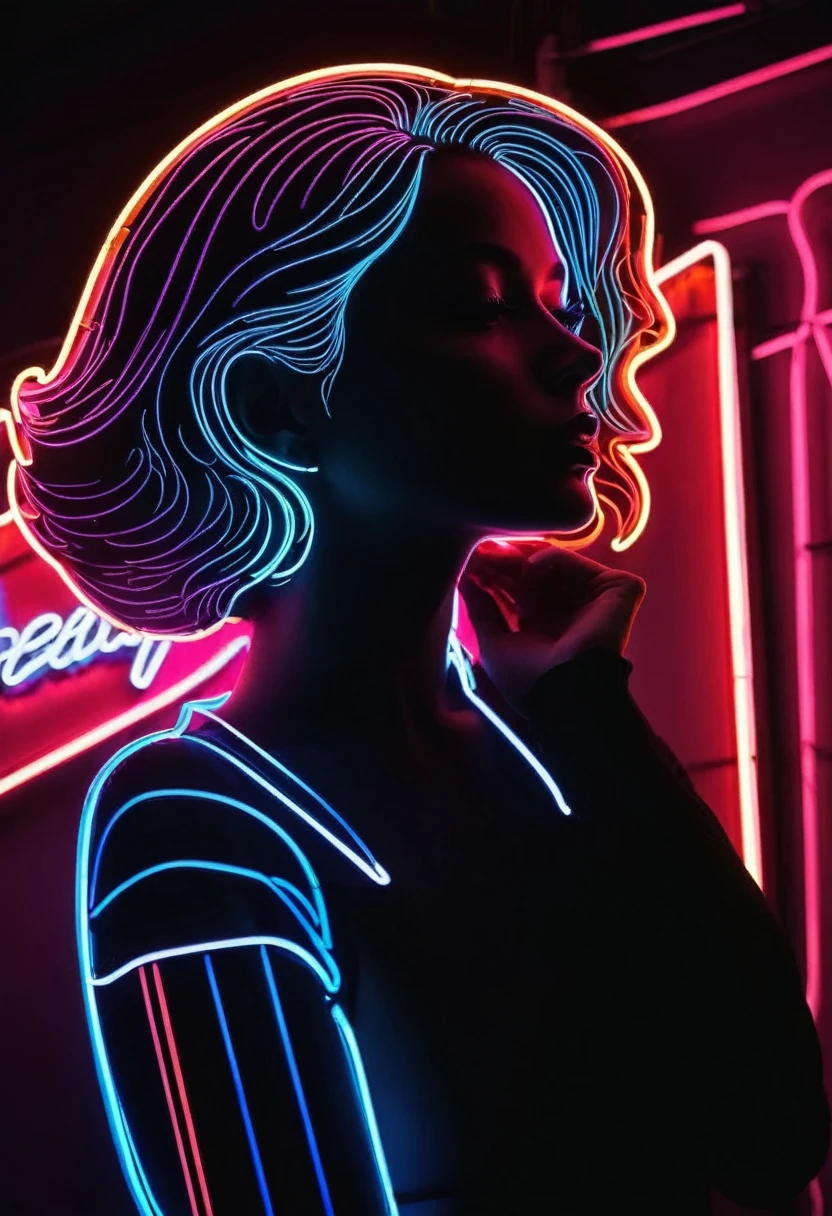 Side face silhouette,Shadow of beautiful woman under neon sign,Huge neon signboard,(Neon sign with text:1.5)
