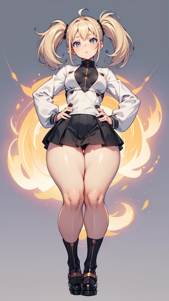 blank background, (((full body))), (masterpiece), ((best quality)), (very short girl), flat chest, short twintail, (wide hips:1.4), (thick thighs:1.4), (very short skirt), toeless footwear