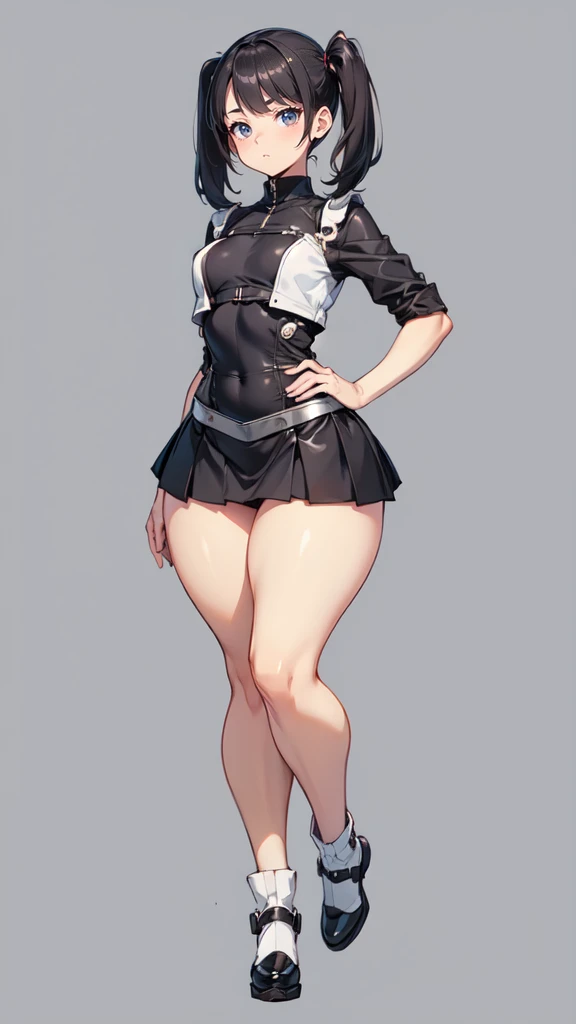 blank background, (((full body))), (masterpiece), ((best quality)), (very short girl), flat chest, short twintail, (wide hips:1.4), (thick thighs:1.4), (very short skirt), toeless footwear