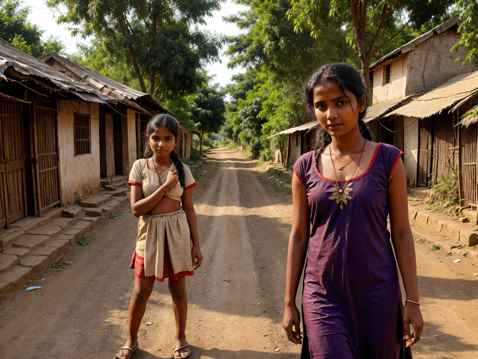 A simple village girl in a Indian village road with her boyfriend