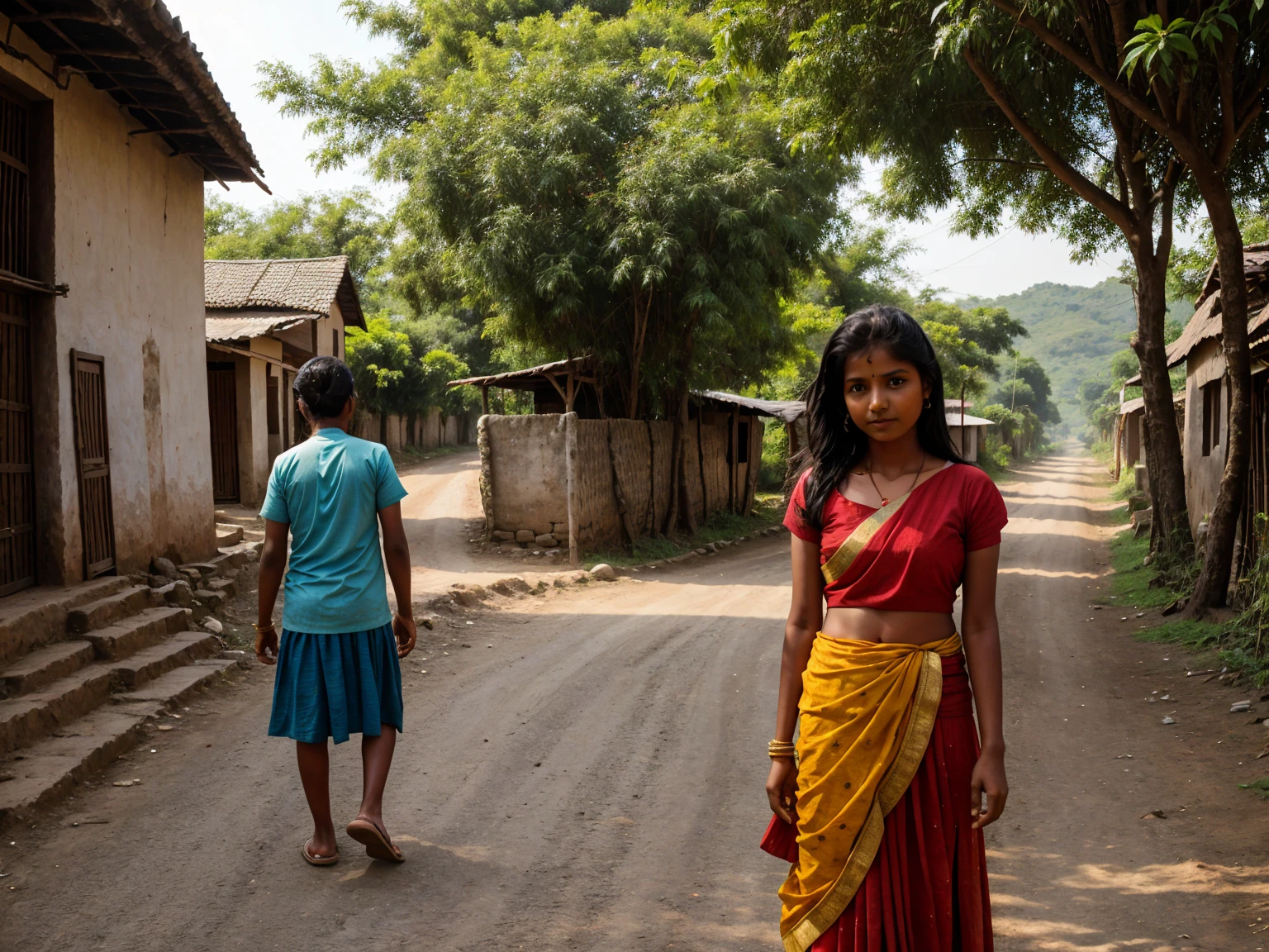 A simple village girl in a Indian village road with her boyfriend 