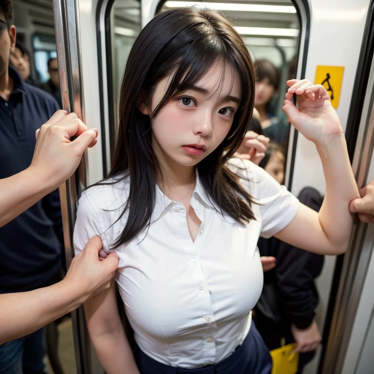 (Browsing Caution:1.3), ((masterpiece)), ((Highest quality)), (Very detailed), ((cute)), cute, (Lovely), ((y)), (device), ((Very detailed)), 4K, (8K), Highest quality, (beautiful), Genuineistic, Genuine, Dynamic Angle, ((1 Girl, alone, cute girl)), ((Office Lady Suits)), ((hyper cute face)), beautiful light brown hair, beautiful black eyes, ((beautiful eyes)), Bigmbarrassing, blush, ,Hold on to the railing of a train,Underarm, (Underarmを見せる:1.3),(avert your eyes:1.4), (Inside the train:1.3),(Crowded train:1.3),
Upper Body,(White shirt:1.5),
,Alternative Breast Size, Gur chest, (boy,Grab from behind:1.5)
,(Frowning:1.2), (Embarrassing,blush:1.2),(A face stunned by despair:1.1),Sweat,(anger:1.2)、Sex、play Sex、Sex、nse Sex、Fuckfromhind　Automattrais　Face is close、Face close-up