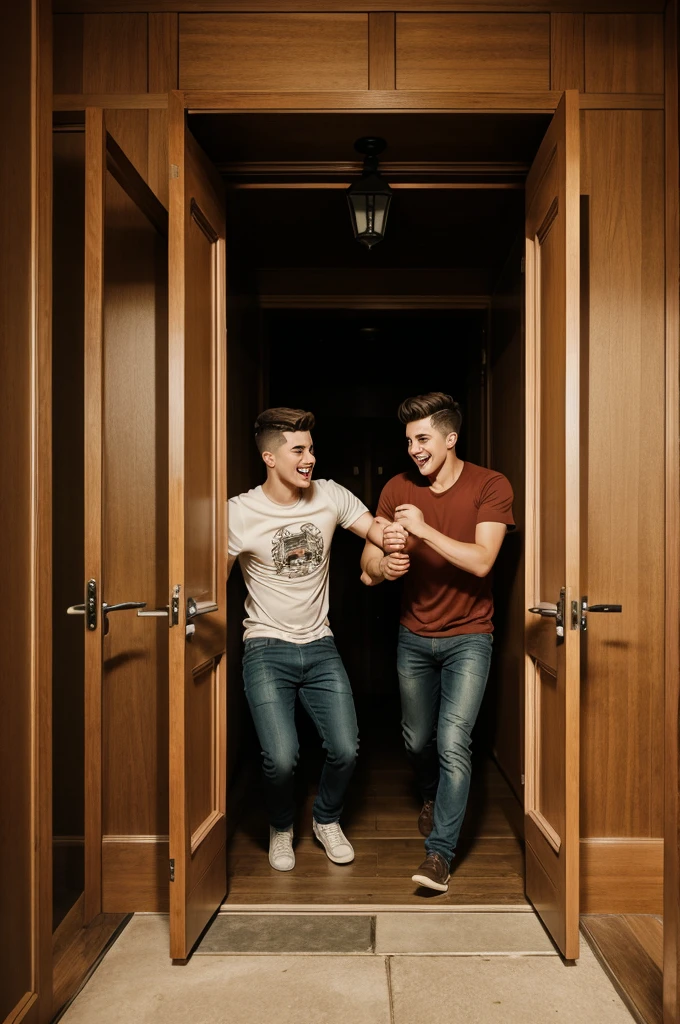 Image of two young men pushing a haunted door together cartoon