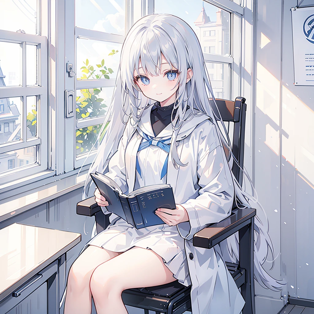 Alisa mikhailovna kujou, 1girl, Long silver hair, blue pupils, wearing a black , white coat, Sitting in a chair in a classroom, ((near a window)), reading a book, ((third person)), ((focus on reading)), smile gracefully 