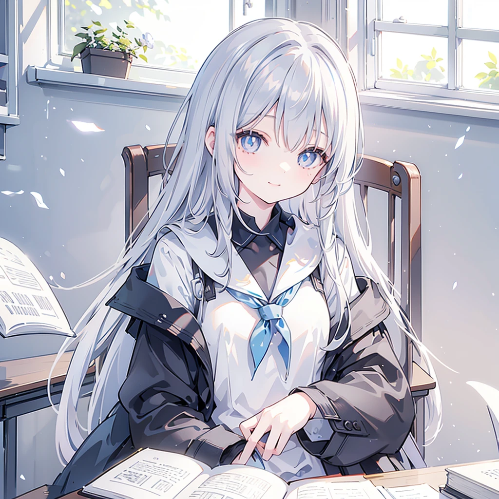 Alisa mikhailovna kujou, 1girl, Long silver hair, blue pupils, wearing a black , white coat, Sitting in a chair in a classroom, ((near a window)), reading a book, ((third person)), ((focus on reading)), smile gracefully