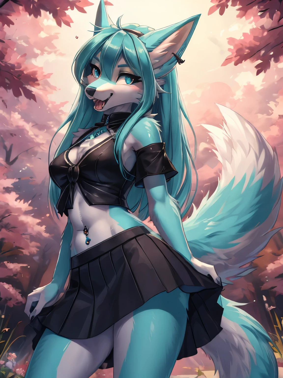 Chica anime, anime style, cute hatsune miku x suicune, Chica tímida , Orejas de Kitsune, arte de dark natasha, garden landscape, arte de vixen aztra, cuerpo completo, platas hermosas, cintura delgado, caderas amplias, piernas torneadas, hermosa, foto de cuerpo completo, navel blouse, black skirt, navel piercing, ear piercing, navel tattoo, timid pose, back pose, doggy style back pose, fluffly tail, sensual eyes, long hair, droling tonge, wolf fangs, big open fangs, pleasure face