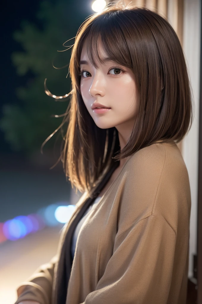 (highest quality,masterpiece:1.3,超A high resolution,),(Very detailed,Caustics),(Photorealistic:1.4,RAW shooting,)Ultra-Realistic Capture,Very detailed,High resolution 16K suitable for human skin、 Natural skin texture、、Skin tone is even and healthy looking、 Use natural light and color,One Woman,Japanese,,cute,brown hair,Middle Hair,(Written boundary depth、chromatic aberration、、Wide range of lighting、Natural Shading、)、(outdoor lights at night:1.4)、(Hair swaying in the wind:1)、short hair、Outward flicked edge,korian girl,beauty