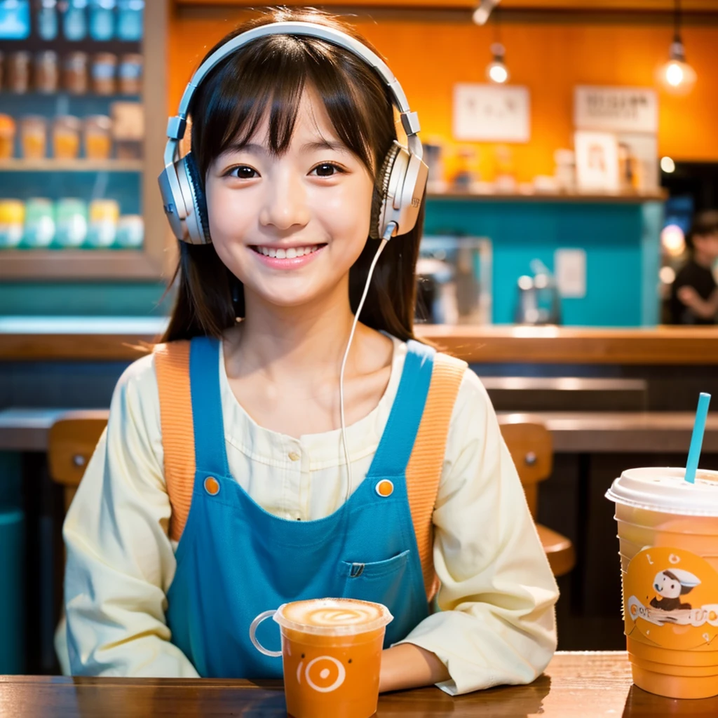 Looking straight ahead and smiling, Ultra HD、128k、Masterpiece、Cute little kindergarten girl studying in a coffee shop while listening to music on headphones、orange juice, clavicle, RAW Photo、Big-eyed girl in ocean blue clothes、Hands on headphones, Warm lighting、Beautiful night view、Japanese anime style, Smile