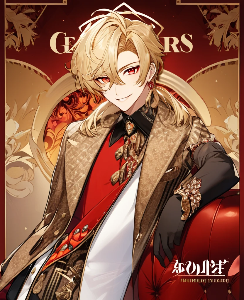  (Blonde_hair), (red_vibrant_eyes), (detailed_eyes), (warm_smile), (attractive), (background_lounge), (male), (detailed_Hair), (detailed), wears a 19's outfit