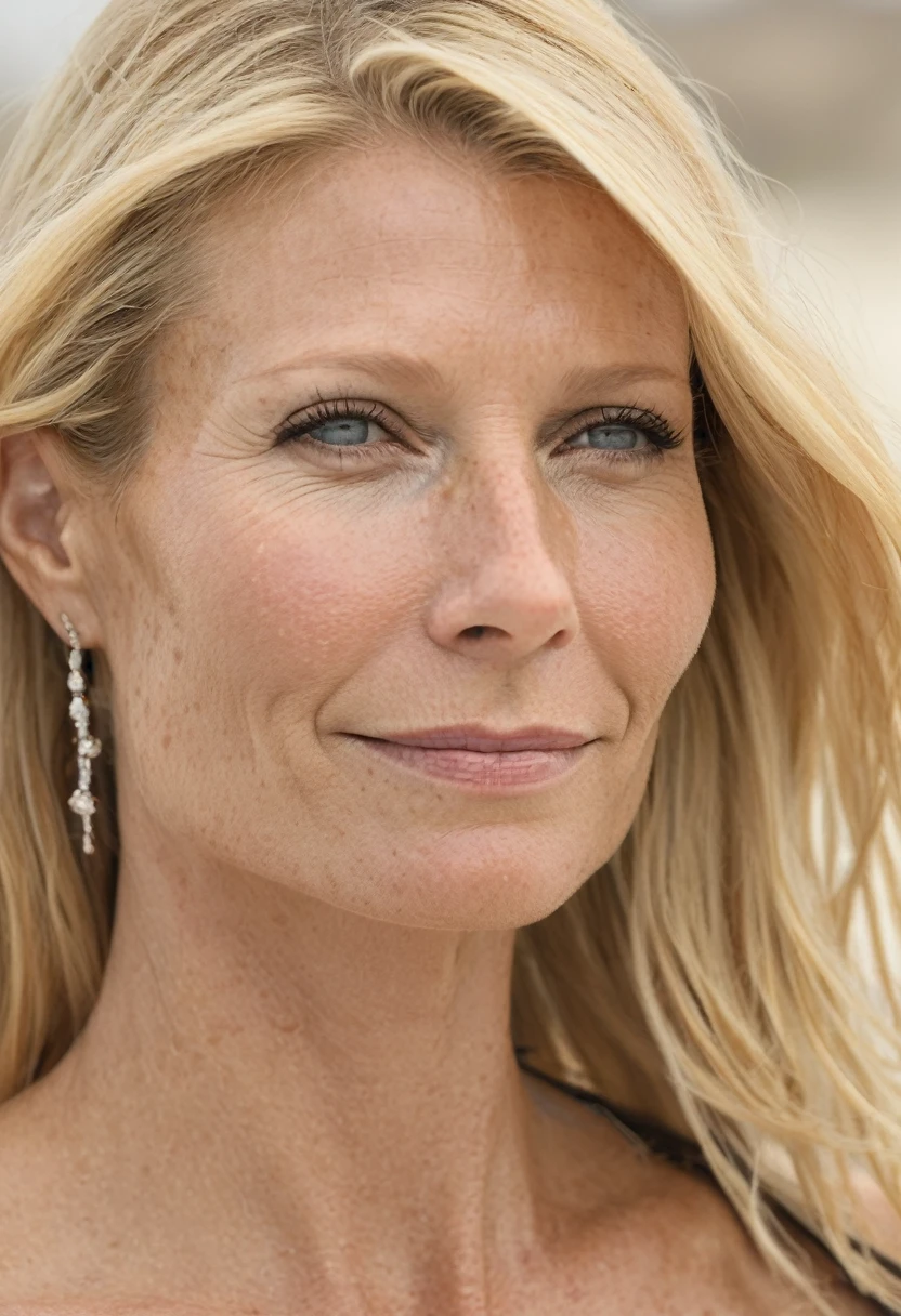  high quality  Erotic paparazzi photo  , ( 50yo mature  woman, Gwyneth Paltrow  , oily skin, she is walking wearing a rubber bikini, on beach, sensual detailed ultra realistic  skin texture , freckles on skin ) random action, working , doing somthing, random photograph ,  celebrity erotic photograph , fit fleshy figure , sunny, shiny sweaty skin, celebrity, female,  woman, hollywood actress  , ( natural lights, depth of field, insanely detailed skin texture, hyper detailed features )