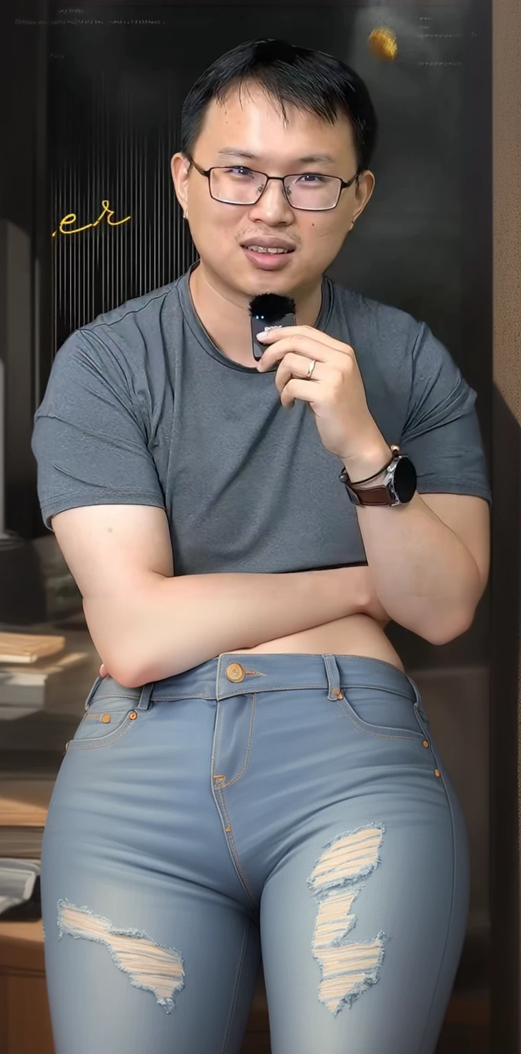 The lower half of the body is wearing jeans