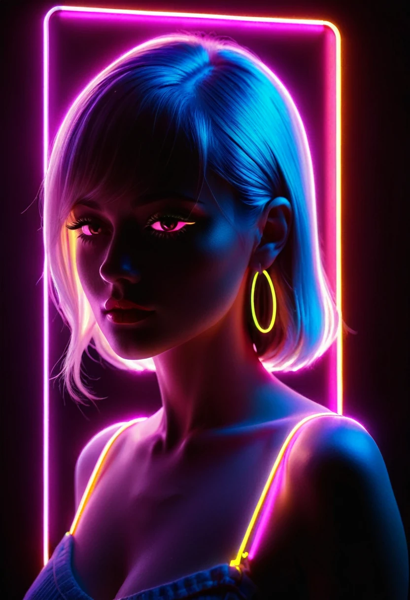 Side face silhouette,Shadow of beautiful woman under neon sign,Huge neon signboard,(Neon sign with text:1.5)