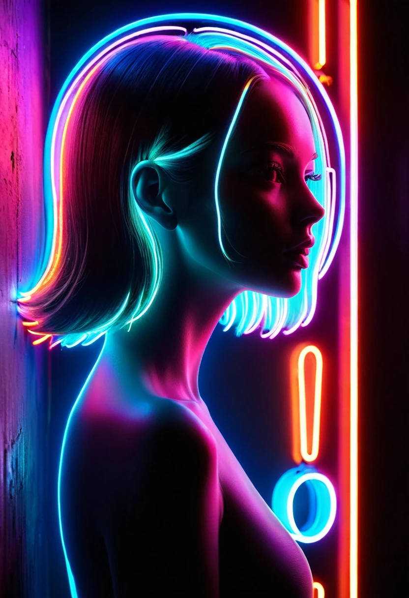Side face silhouette,Shadow of beautiful woman under neon sign,Huge neon signboard,(Neon sign with text:1.5)